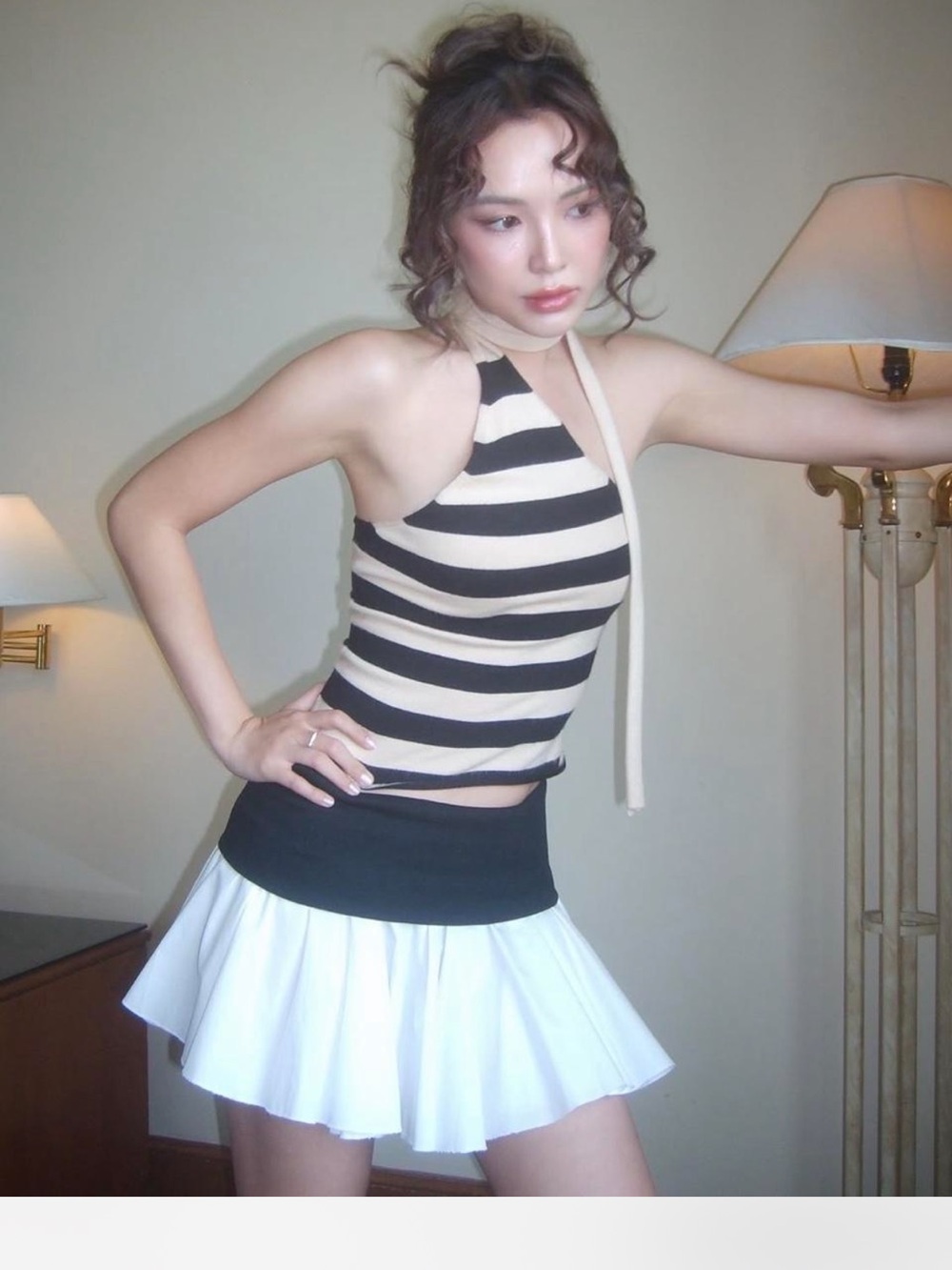 Black and white mini pleated skirt